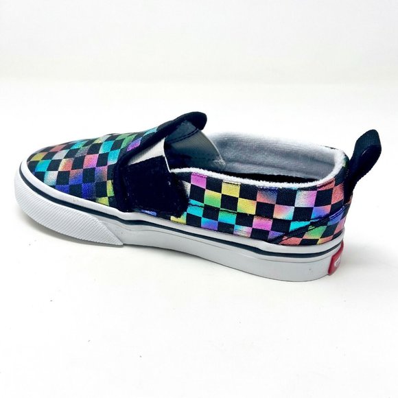 Vans Slip On V (Iridescent Check) Black White Toddler Baby Sneakers - Picture 3 of 5